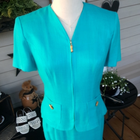 MAGGY LONDON PETITES ♡ Gorgeous Vintage Turquoise 2pc Bamboo Zip Front Suit 2P - Picture 7 of 16